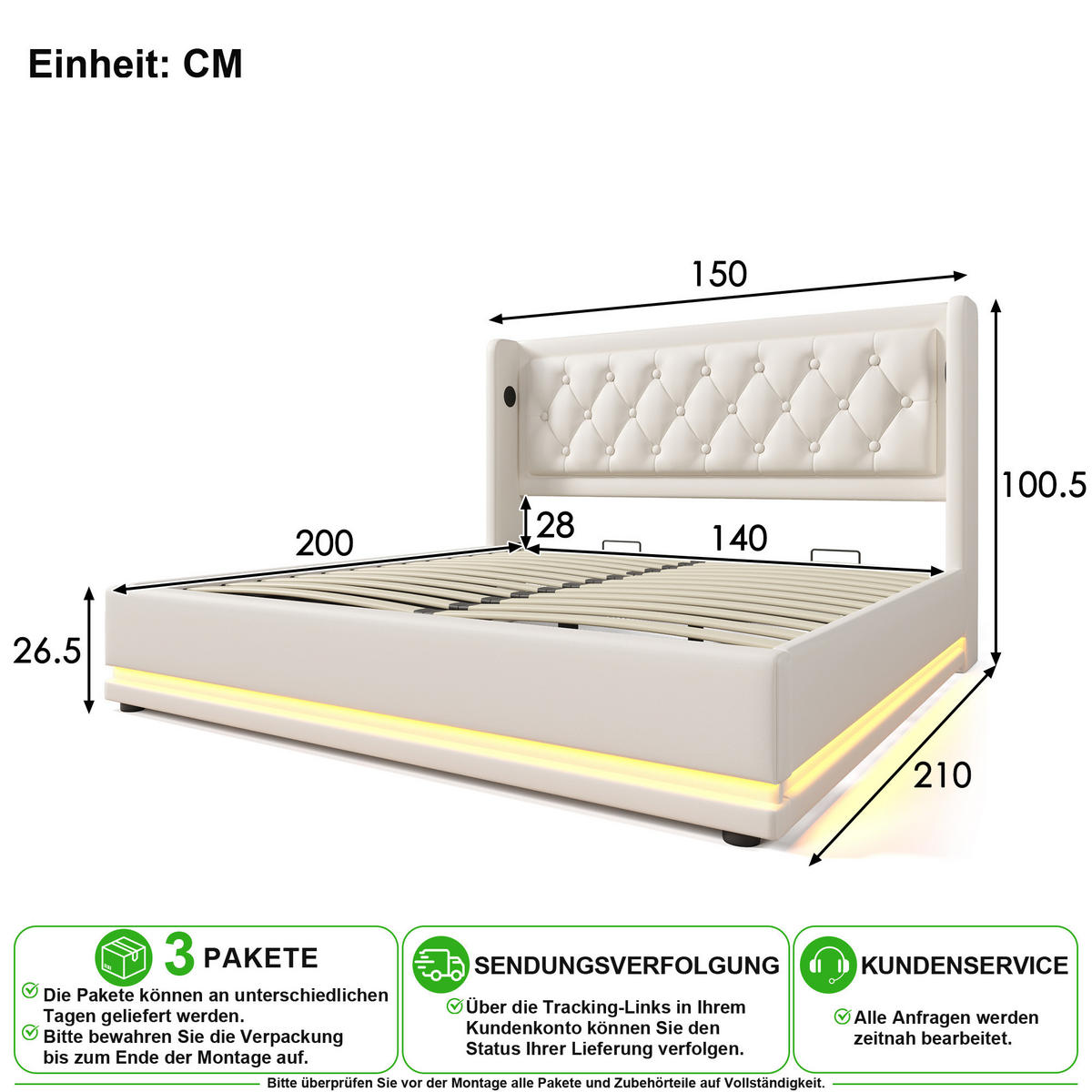 POLSTERBETT 140/200 cm in Weiß mit Bettkasten, LED, USB und Matratze - Weiß, Holzwerkstoff/Textil (140/200cm) - CHICFURN