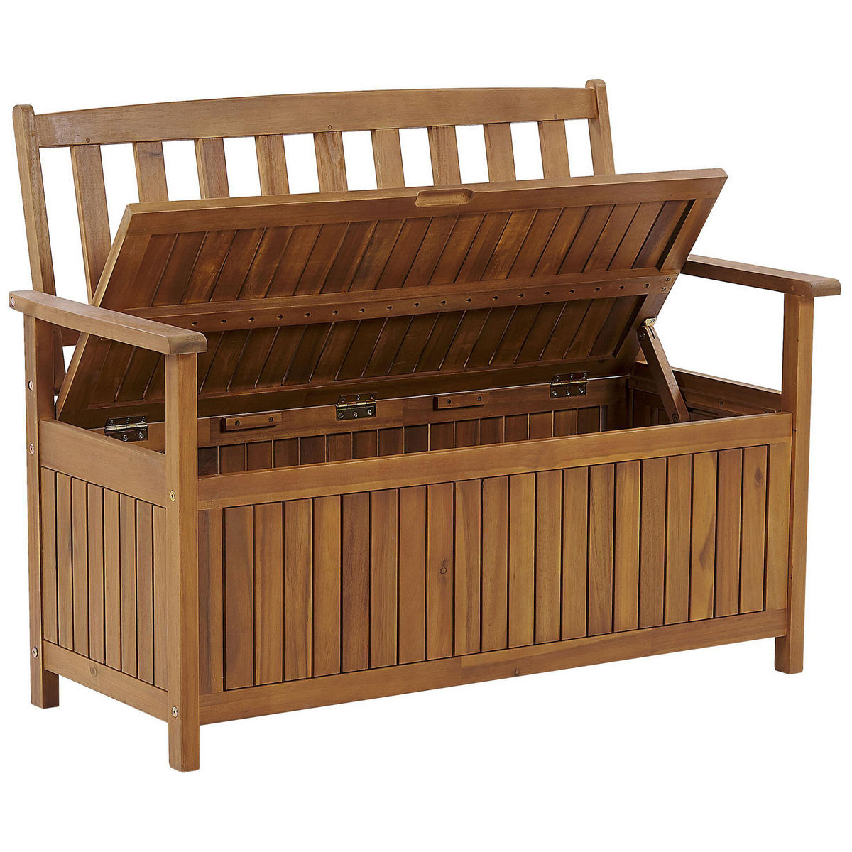 GARTENBANK Akazienholz hellbraun mit Stauraum Auflage terracotta 120 cm Sovana - Hellbraun/Terracotta, Holz (120/91/60cm) - Beliani