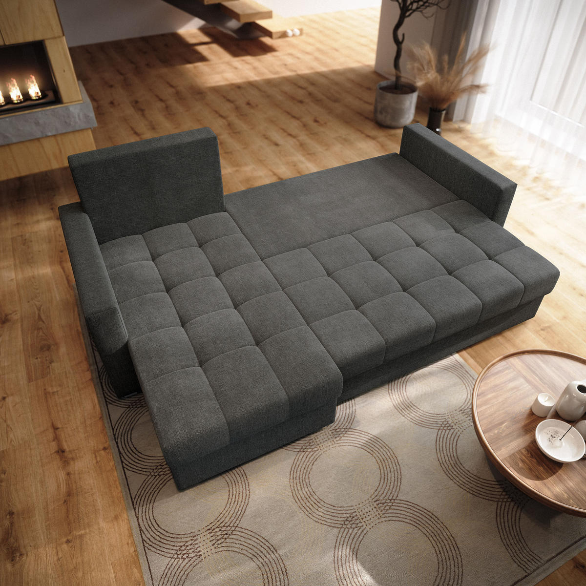 ECKSOFA NIDA Grau Geflochtener Stoff mit Schlaffunktion - Grau, Holz (220/143cm) - MASSENO