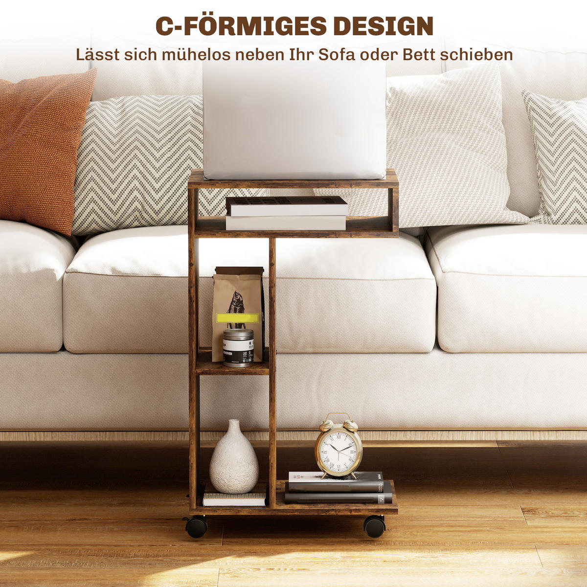 BEISTELLTISCH Couchtisch mit Rollen, 4 Regalen, Braun - Braun, Holzwerkstoff (40/30/69cm) - HOMCOM