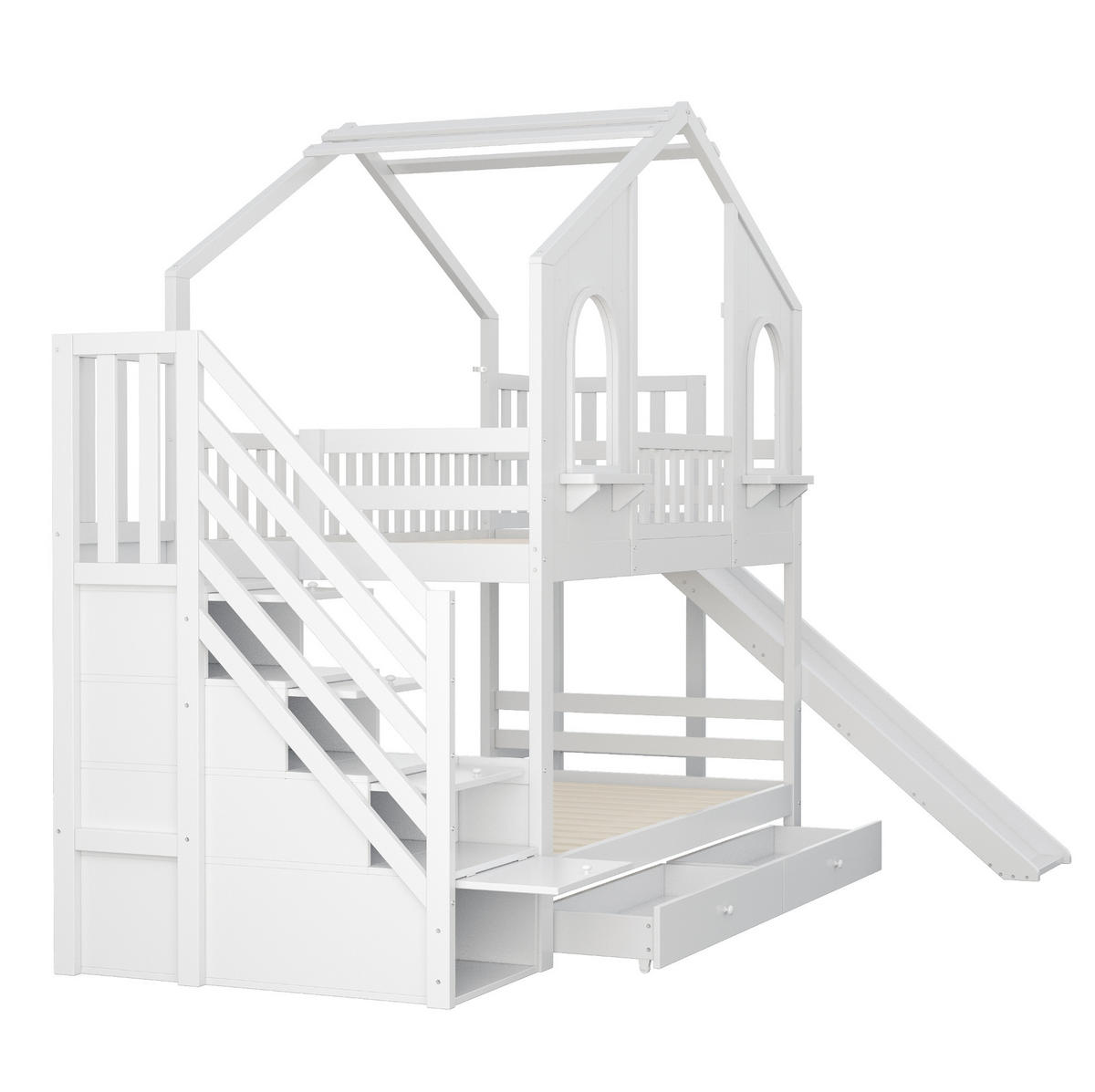HAUSBETT 90/200 cm Weiß mit Rutsche und Aufbewahrungsleiter - Weiß, Holzwerkstoff (90/200cm) - Flora Grace