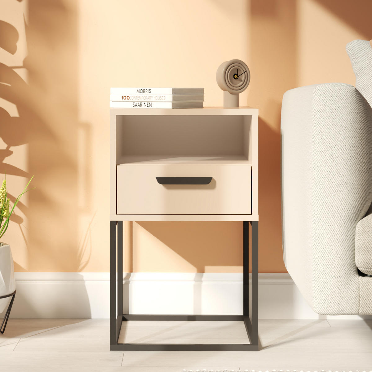 NACHTTISCH RECTUS Nachtschrank, Modern - Creme/Schwarz, Holzwerkstoff (40/65/39cm) - KONSIMO®