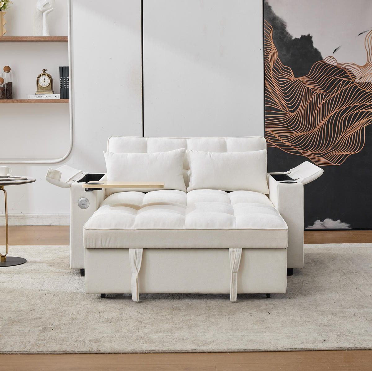 SCHLAFSOFA, Stoff mit USB-Anschluss & verstecktem Tisch, 140,5/74/82 cm, Beige - Beige, Textil (140.5/82/74cm) - Redom