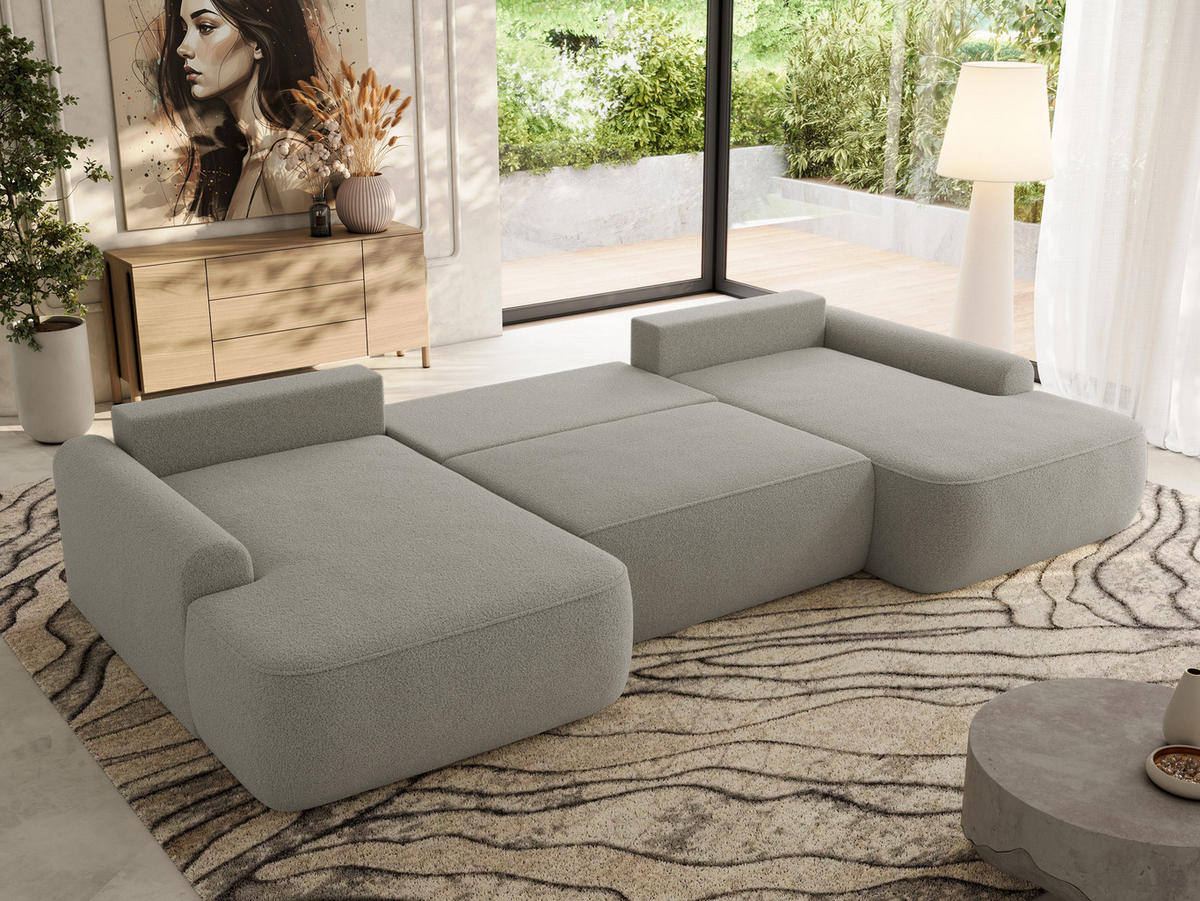 WOHNLANDSCHAFT CUBO U Hellgrau Boucle - Hellgrau/Schwarz, Kunststoff/Textil (370/100/187cm) - MKS