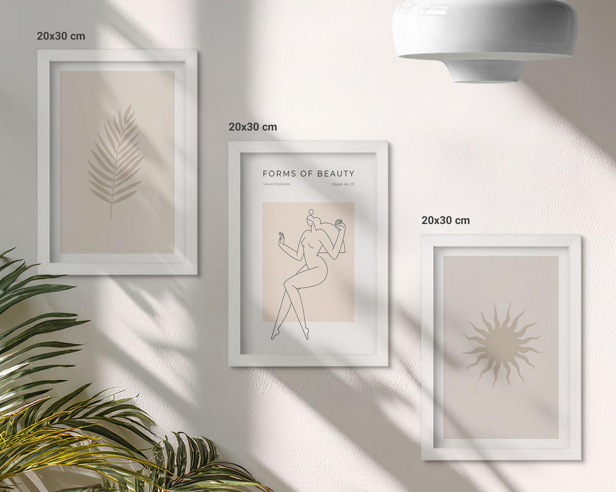 BILDER SET 3er Set - 20x30 cm Weißer Rahmen - Eine Sammlung minimalistischer Formen - Weiß, Kunststoff (20/30cm) - TULUP