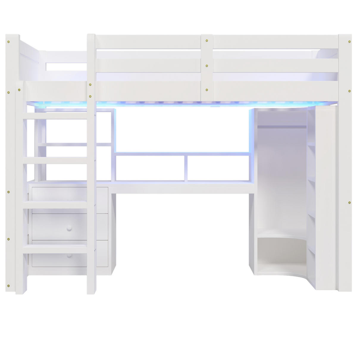 HOCHBETT 90/200 cm Weiß mit LED-Beleuchtung mit Schreibtisch Kleiderschrank und Stauraum - Weiß, Holzwerkstoff (90/200cm) - OKWISH