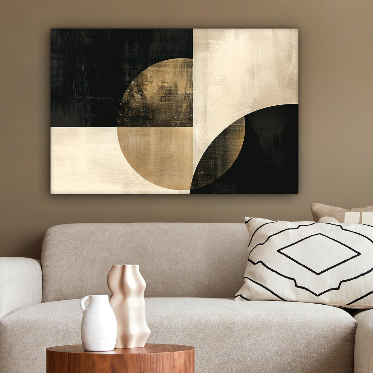 LEINWANDBILD Abstrakt - Geometrische Formen - Schwarz - Gold Gemälde 60x40 cm - Ecru, Textil (60/40cm) - MuchoWow