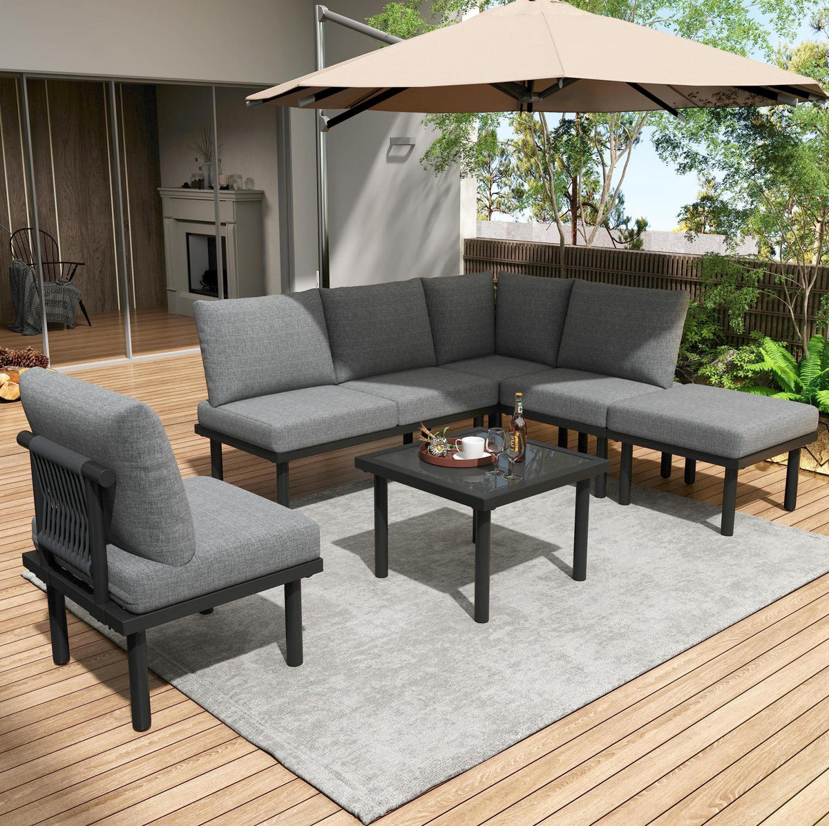 GARTENSET 231x174x66cm grau aus Stahl und Olefin, verstellbar - Grau, Metall - Modfu