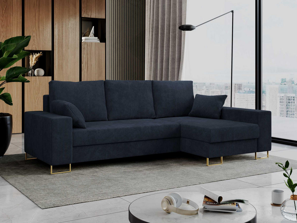ECKSOFA Dorian Cord Dunkelblau - Goldfarben/Dunkelblau, Textil/Metall (242/138cm) - MKS