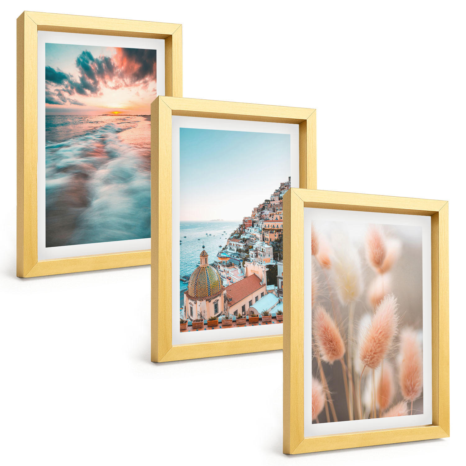BILDER SET 3er Set - 20x30 cm Goldrahmen - Sonnenuntergang am Meer, Häuser, Blumen - Goldfarben, Kunststoff (20/30cm) - TULUP