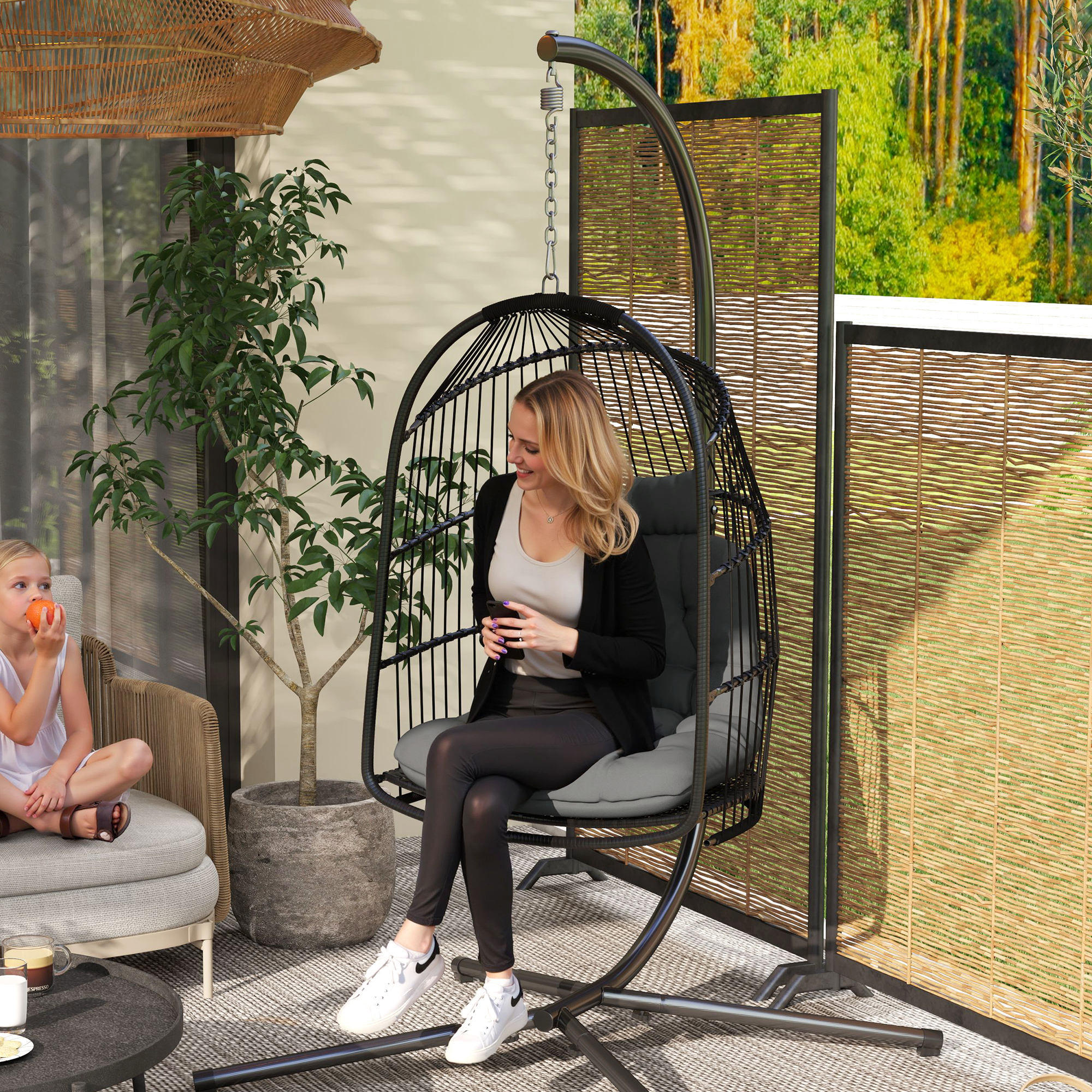 HÄNGESTUHL aus Rattanmit Kissen - Dunkelgrau, Metall (68/105/74cm) - Outsunny