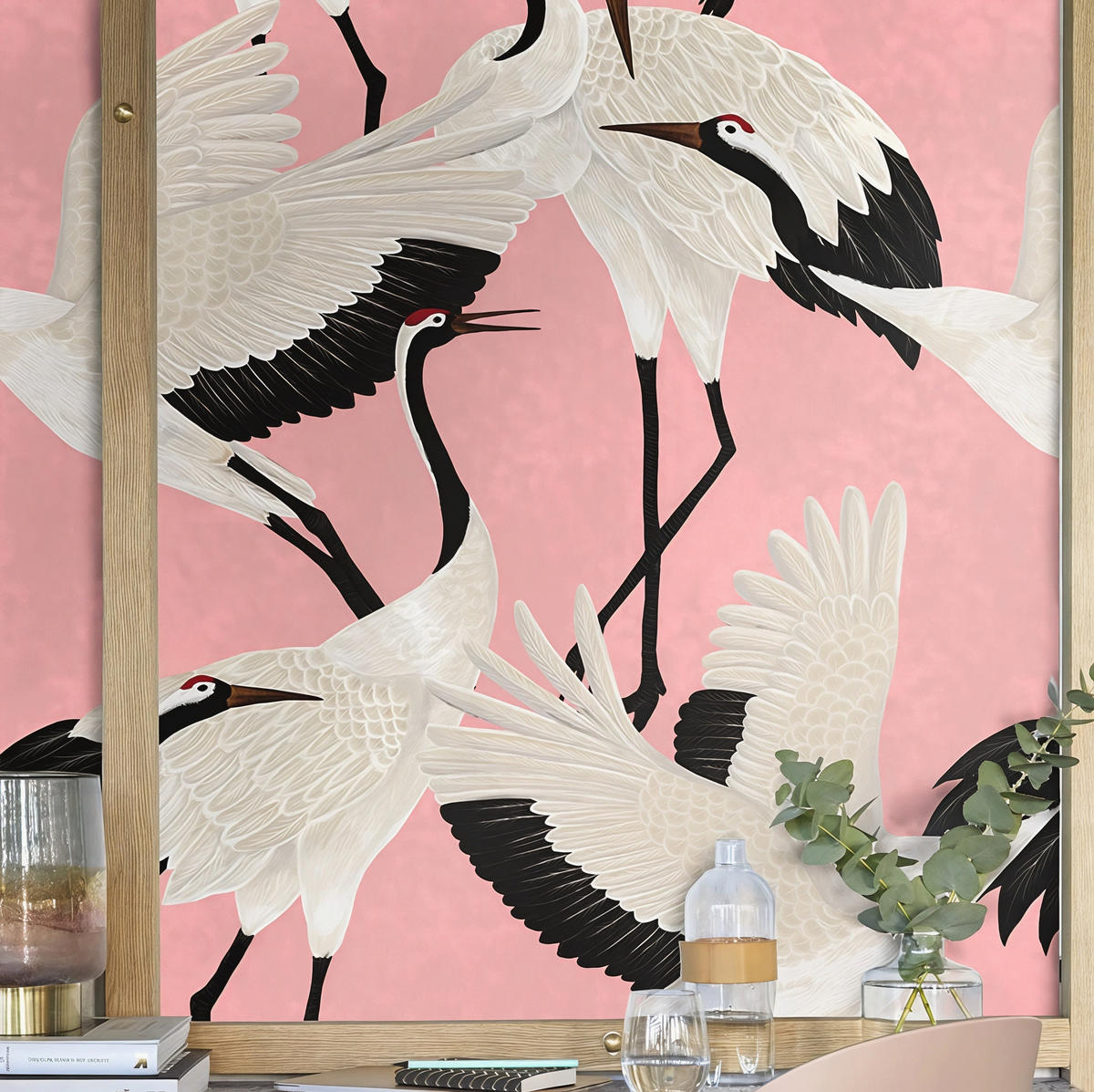 TAPETE Reiher aus echtem Papier, 200x280cm, 8 Bögen - Pink, Papier (200/280cm) - WALLPAPERS4BEGINNERS