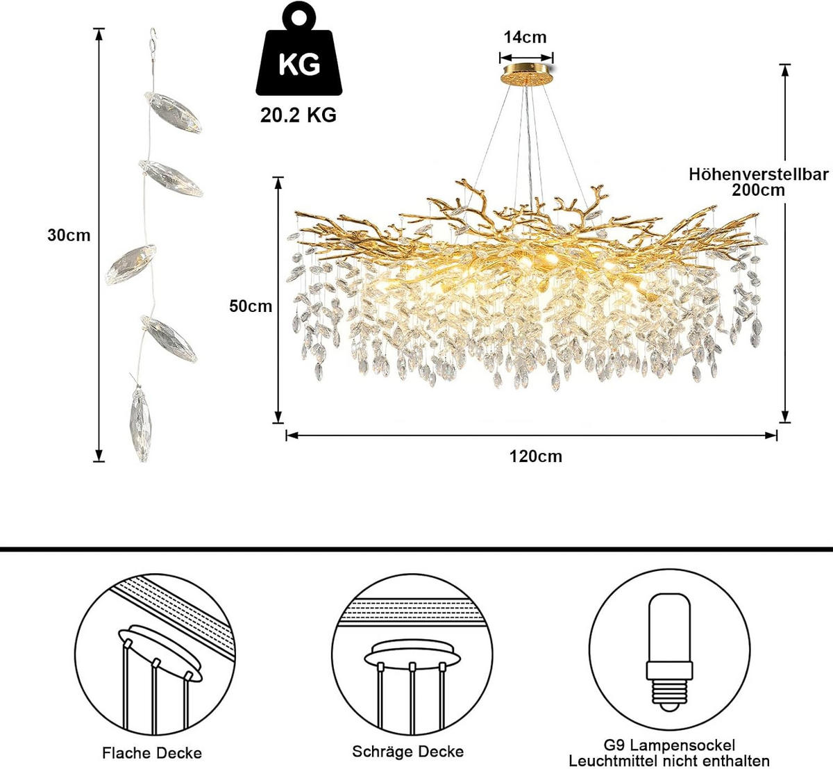 KRONLEUCHTER 120 cm K9‑Kristall Baumzweig Gold für Wohnzimmer und Schlafzimmer - Gelb, Naturmaterialien (78/43/38cm) - Surtime