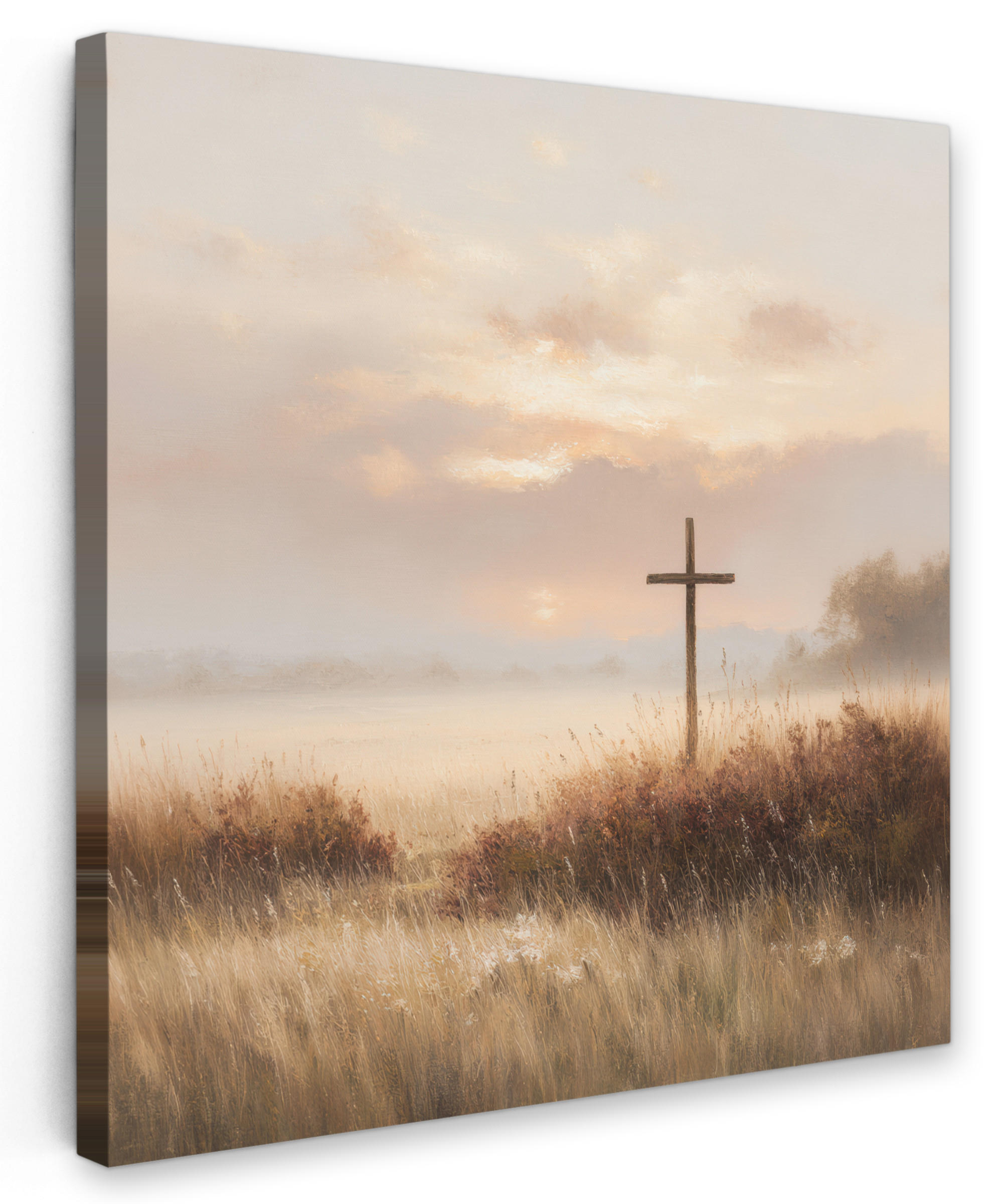 LEINWANDBILD Gras - Morgennebel - Kreuz - Christentum Deko Groß 90x90 cm - Beige, Textil (90/90cm) - MuchoWow