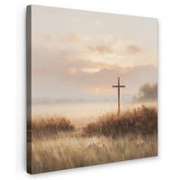 LEINWANDBILD Gras - Morgennebel - Kreuz - Christentum Deko Groß 90x90 cm - Beige, Textil (90/90cm) - MuchoWow