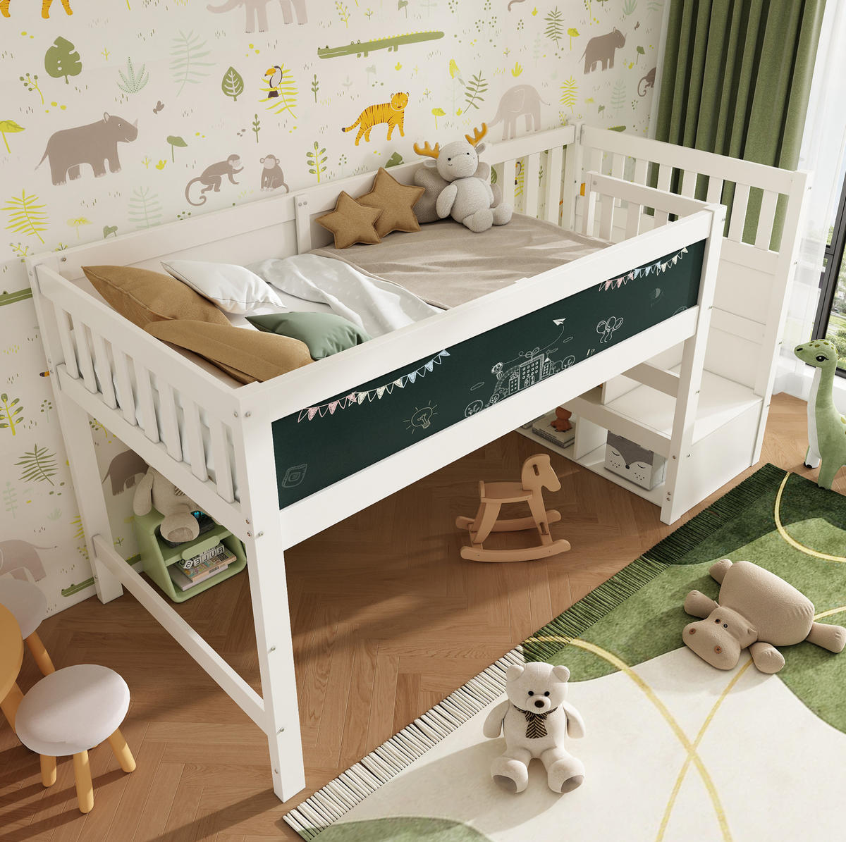 VISOKA postelja 90/200 cm bela z lestvijo in shranjevanjem iz masivnega lesa in MDF - bela, leseni material (90/200cm) - OKWISH