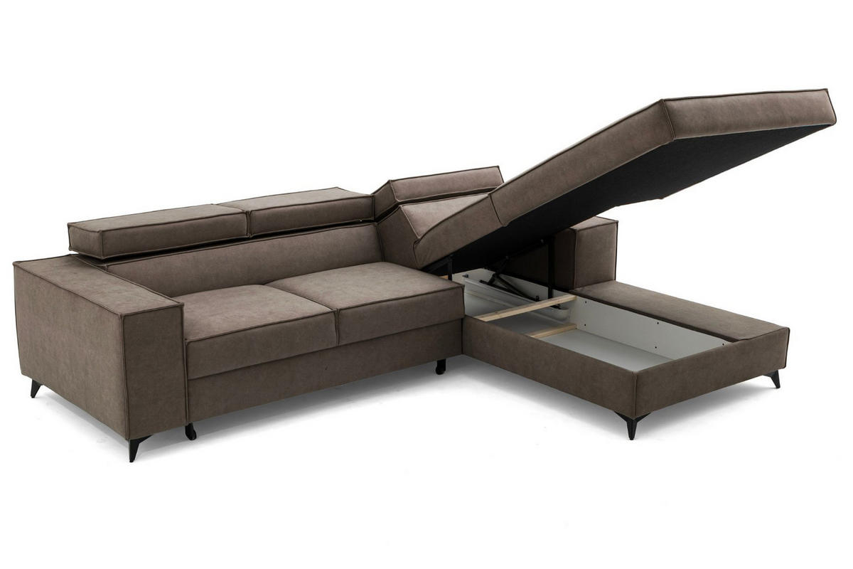 ECKSOFA PURE S Rechts mit Schlaffunktion 127x215 Velours Beige - Beige/Schwarz, Holz/Textil (204/281cm) - Muffo