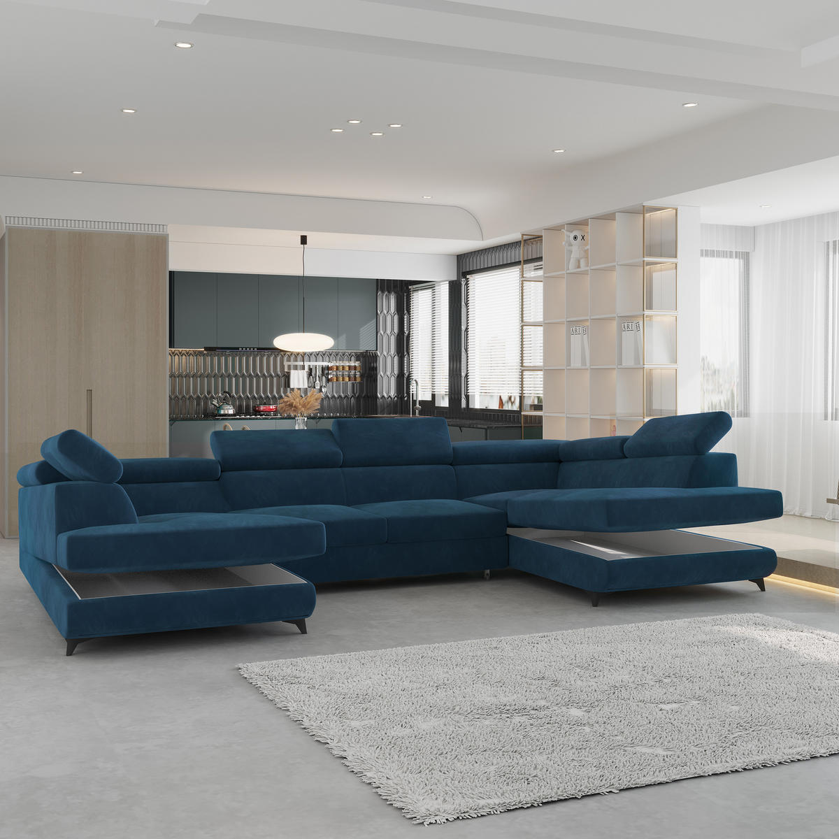 WOHNLANDSCHAFT VINTESSA Blau Velours-Stoff mit Schlaffunktion - Blau, Holz (323/89/190cm) - MASSENO