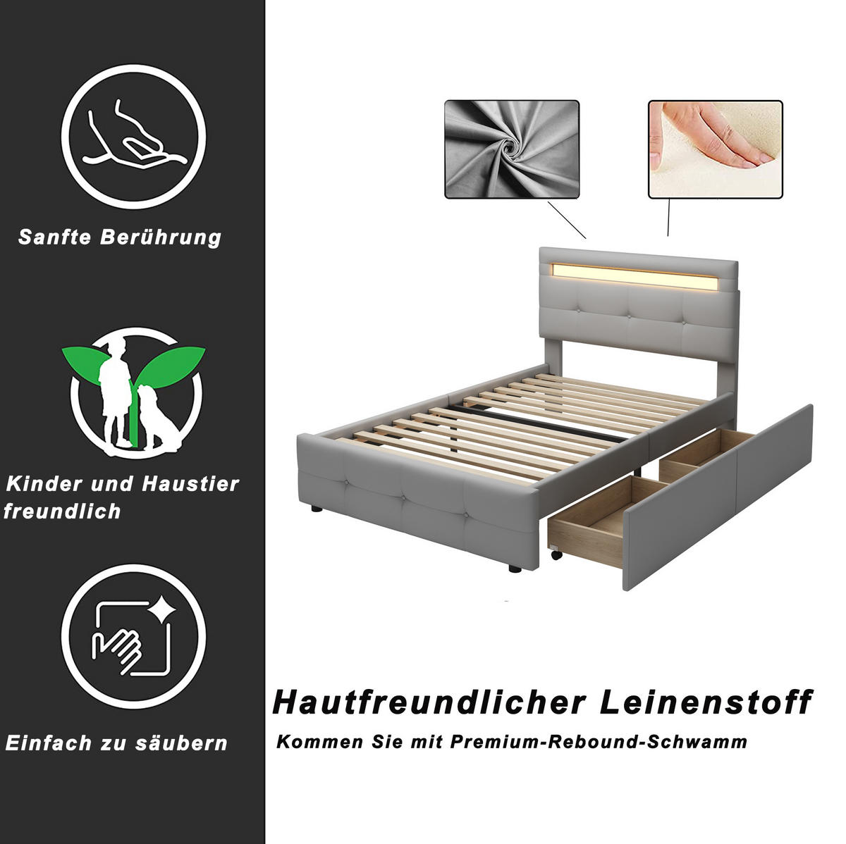 POLSTERBETT 90/200 cm Grau aus Polsterung mit LED und 2 Schubladen - Grau, Textil (90/200cm) - OKMYHOME