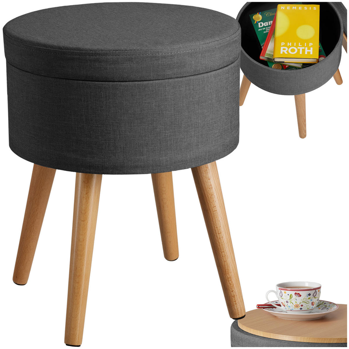 SITZHOCKER mit Stauraum Yara,42,5 x 42,5 x 45,5 cm,dunkelgrau - Dunkelgrau, Holz (42.5/45.5/42.5cm) - tectake