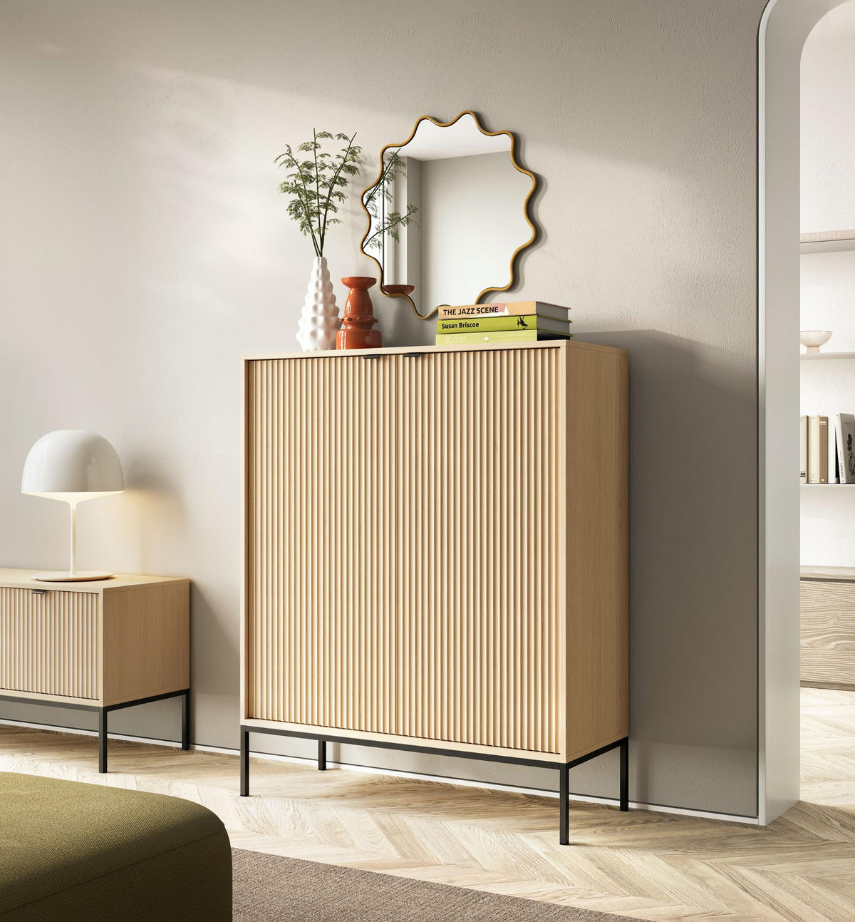 KOMMODE Vicenza Eiche K104 Hoch Schwarz Beine - Beige, Holzwerkstoff (104/125/39cm) - Sepro Meble