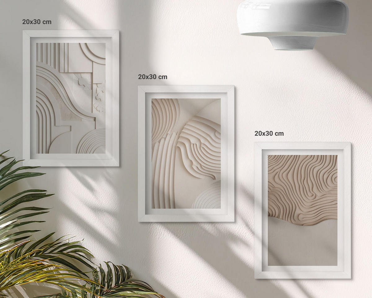 WANDBILDER 3er-Set - 20x30 cm Weißer Rahmen - Abstrakte Muster beige weiß - Weiß, Kunststoff (20/30cm) - ArtPrintCave