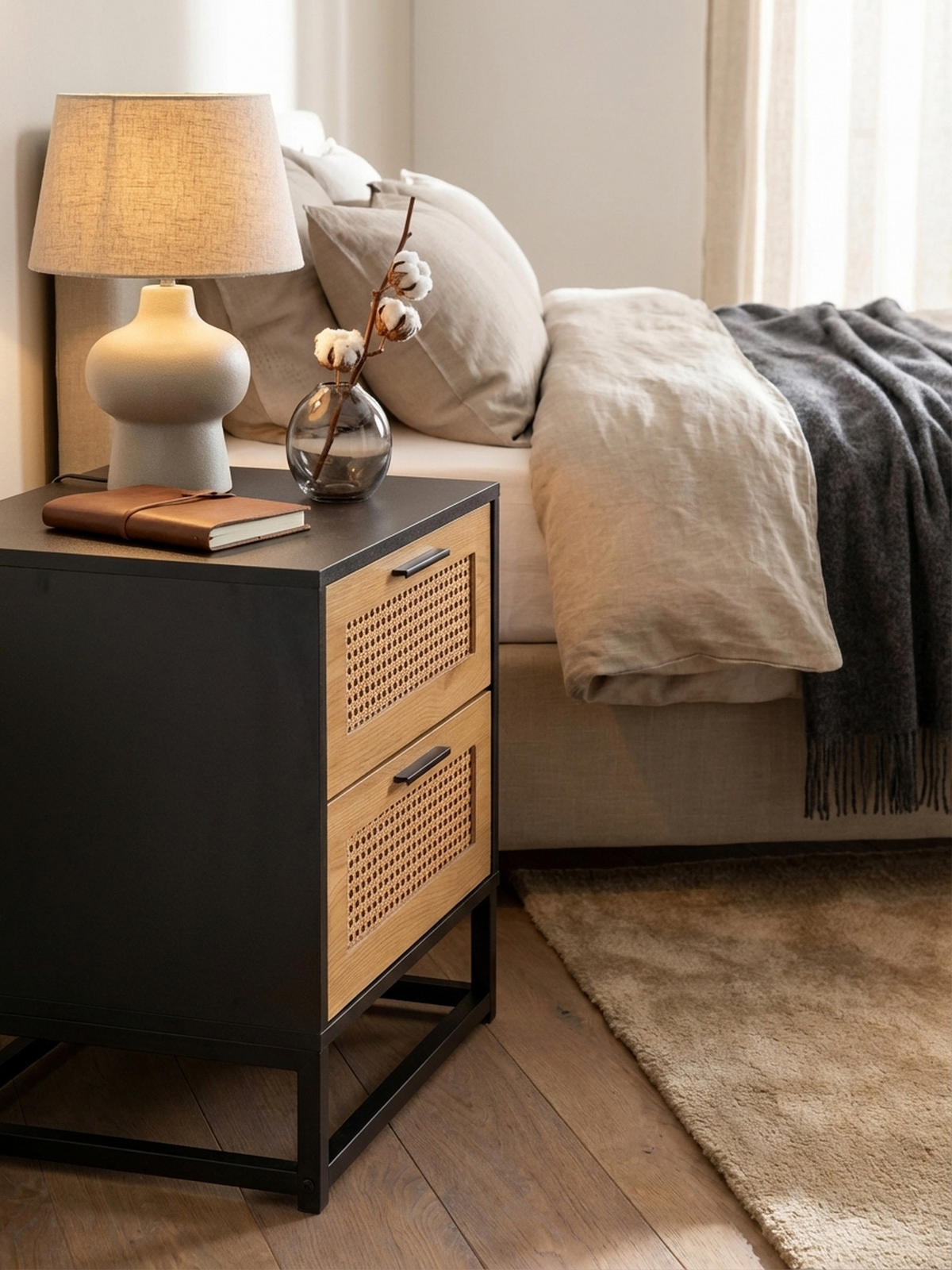 NACHTTISCH – Schwarz/Wiener Geflecht, 45x45x56 cm, Schubladen, zeitlos - Schwarz, Holzwerkstoff/Metall (45/55/45cm) - KADIMA DESIGN