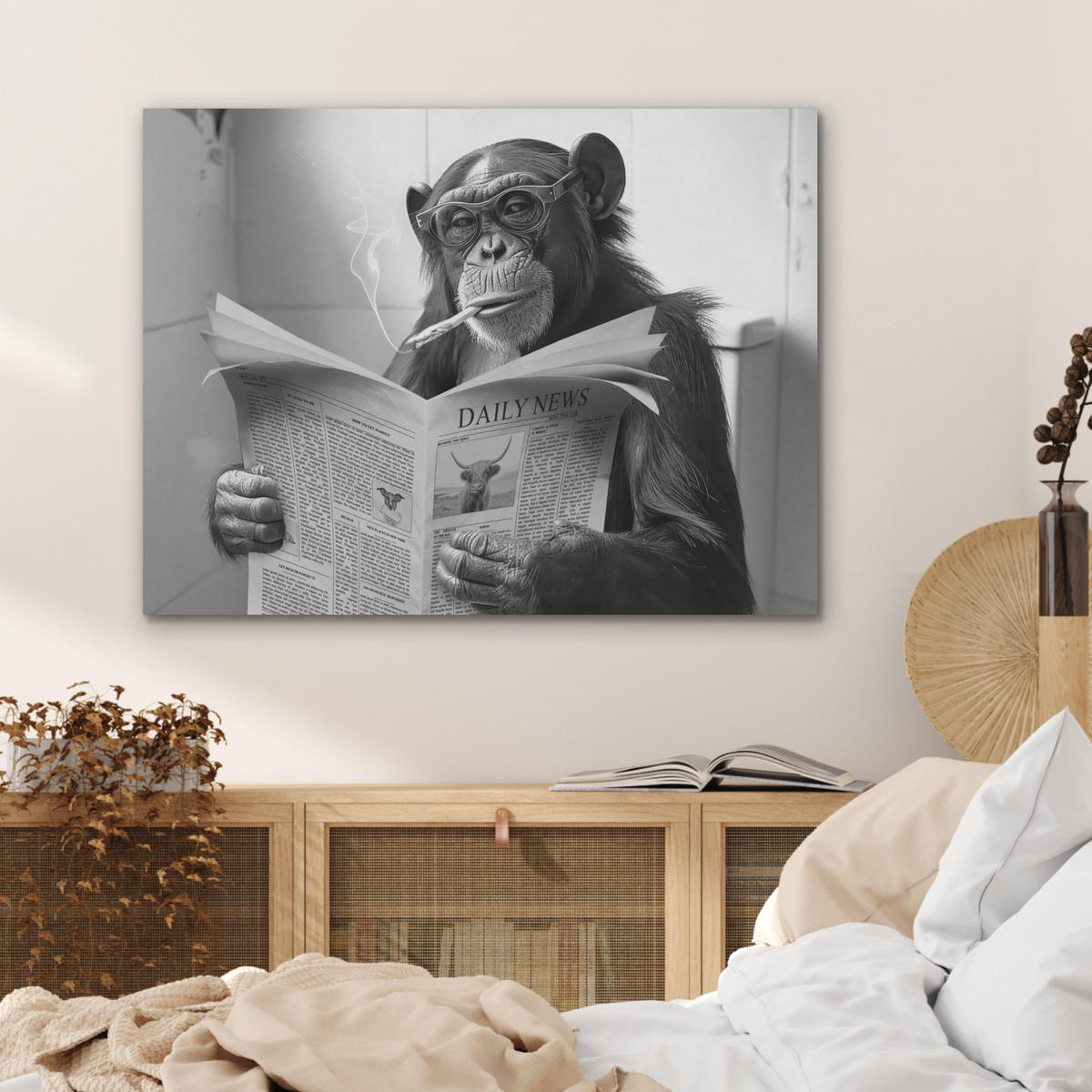 AKUSTIKPANEEL Affe - WC - Zeitung - Schwarz-Weiß - Humor 80x60 cm - Hellgrau, Textil (80/0.9/60cm) - MuchoWow