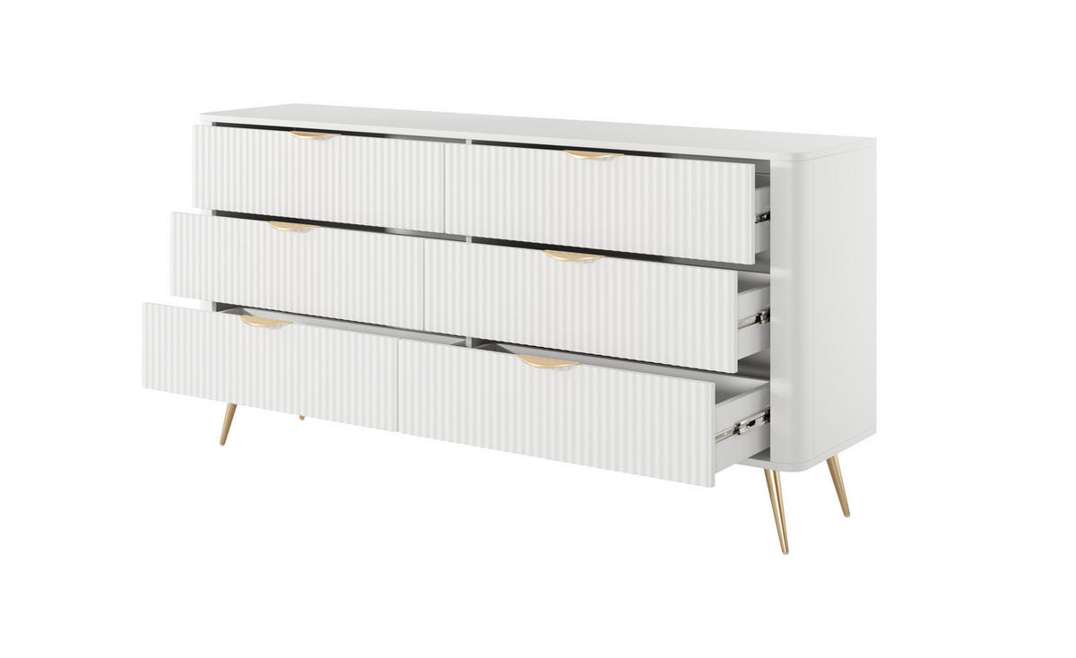 SIDEBOARD Flore 163 cm Weiß / Gold - mit 6 Schubladen und Riffel-Optik - Gelb/Goldfarben, Holz/Holzwerkstoff (163/81/38cm) - Ravio