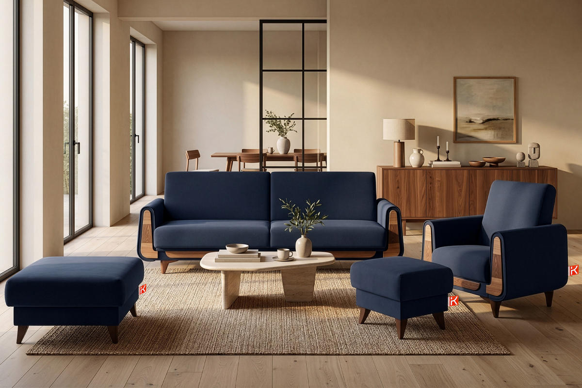HOCKER GUSTAVO Velours, Dunkelbau - Dunkelblau, Holz/Holzwerkstoff (92/49/92cm) - KONSIMO®