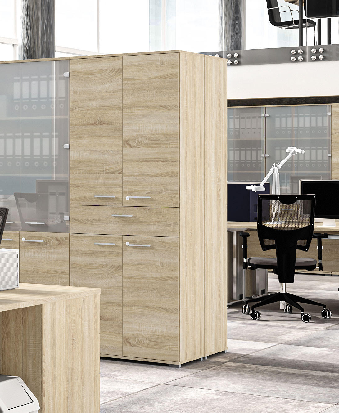 Thumbnail - Feldmann-Wohnen Aktenschrank, Braun, Holz, 3 Fächer, 1 Schubladen, Rechteckig, 79x204x41 cm, Arbeitszimmer, Aktenschränk...