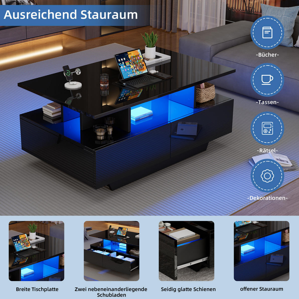 COUCHTISCH aus Spanplatte 90x55x41 cm in Schwarz mit LED-Beleuchtung - Schwarz, Holzwerkstoff (90/55/41cm) - Modfu
