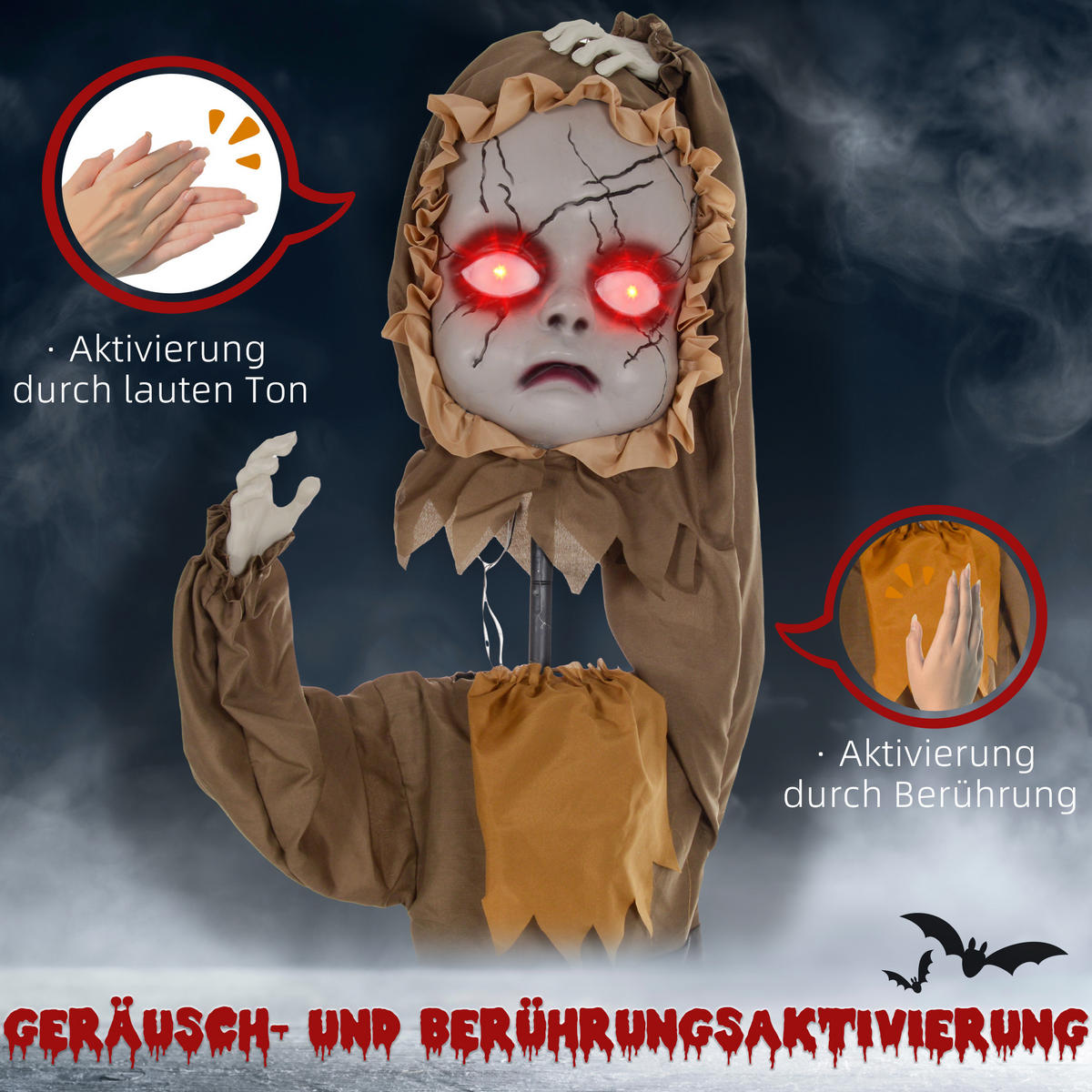 HALLOWEEN-DEKORATION Horrorpuppe 160 cm mit roten Augen, Geräuschaktivierung - Schwarz, Textil (18/160/60cm) - HOMCOM