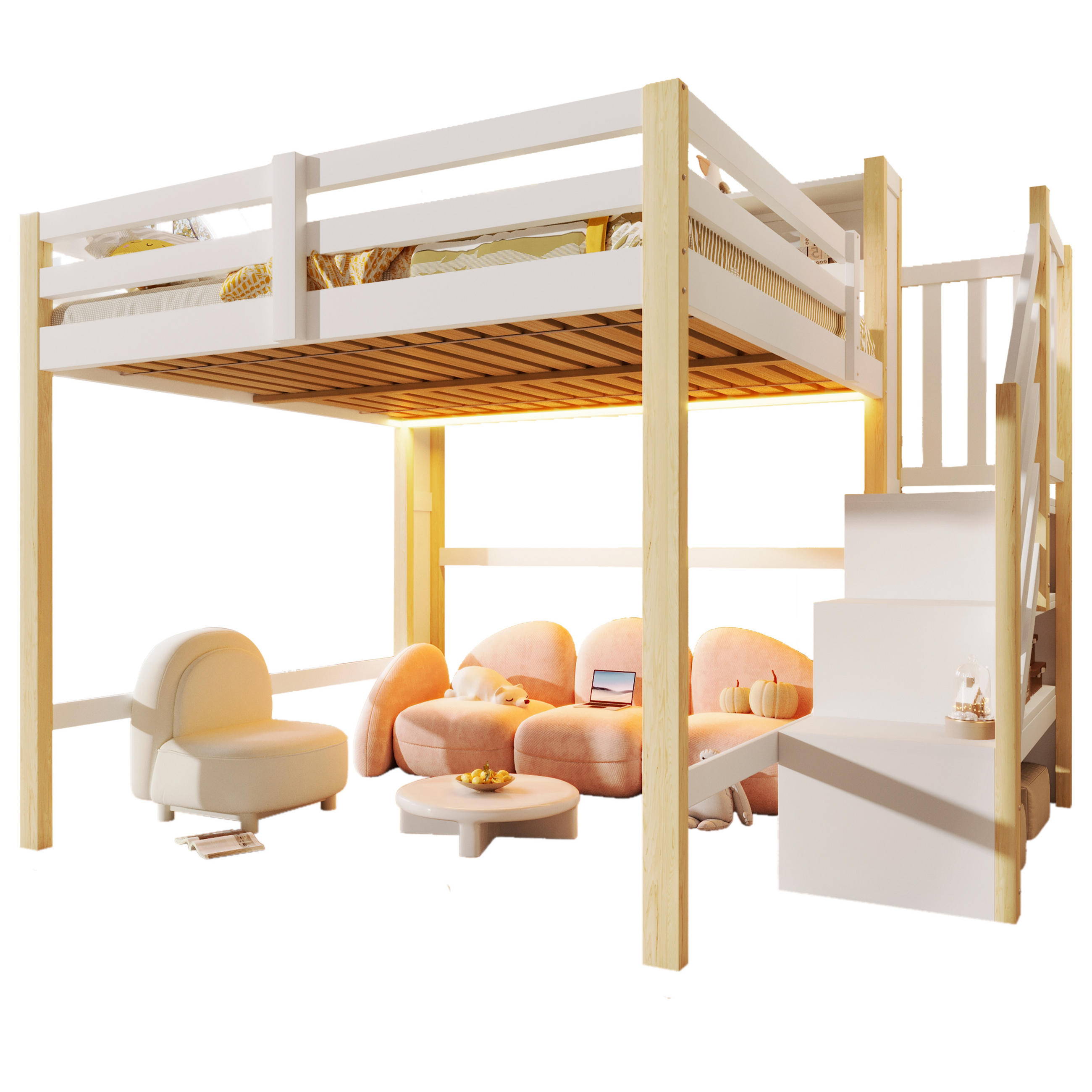 HOCHBETT 140/200 cm in Weiß & Natur mit LED, Stauraum und Ablageleiter - Weiß/Naturfarben, Holz/Holzwerkstoff (140/200cm) - CHICFURN
