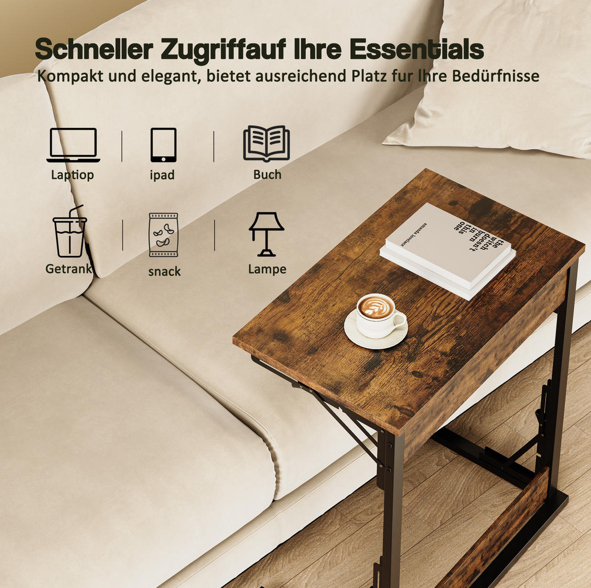 BEISTELLTISCH aus Metall und Holzwerkstoff 60x37x71 cm Rustikales Braun klappbar mit verstellbaren Füßen - Braun, Holzwerkstoff (60/37/71cm) - Modfu