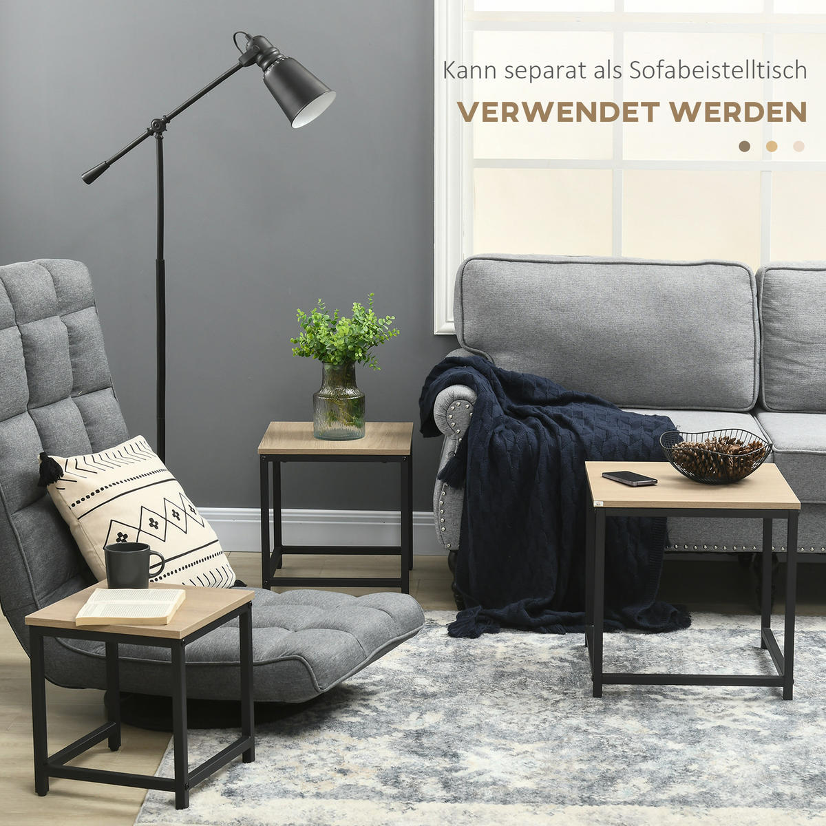 COUCHTISCH 3er-Set Beistelltisch, Satztisch, Sofatisch mit Holzoptik, Stahl - Naturfarben, Holzwerkstoff/Metall (45/45/44cm) - HOMCOM