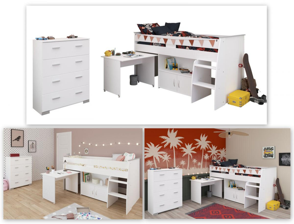 KINDERZIMMER weiß, Komplett-Set 2-teilig mit Stauraumbett, Kommode - Silberfarben/Weiß, Holzwerkstoff/Kunststoff (115/110/204cm) - Parisot Meuble