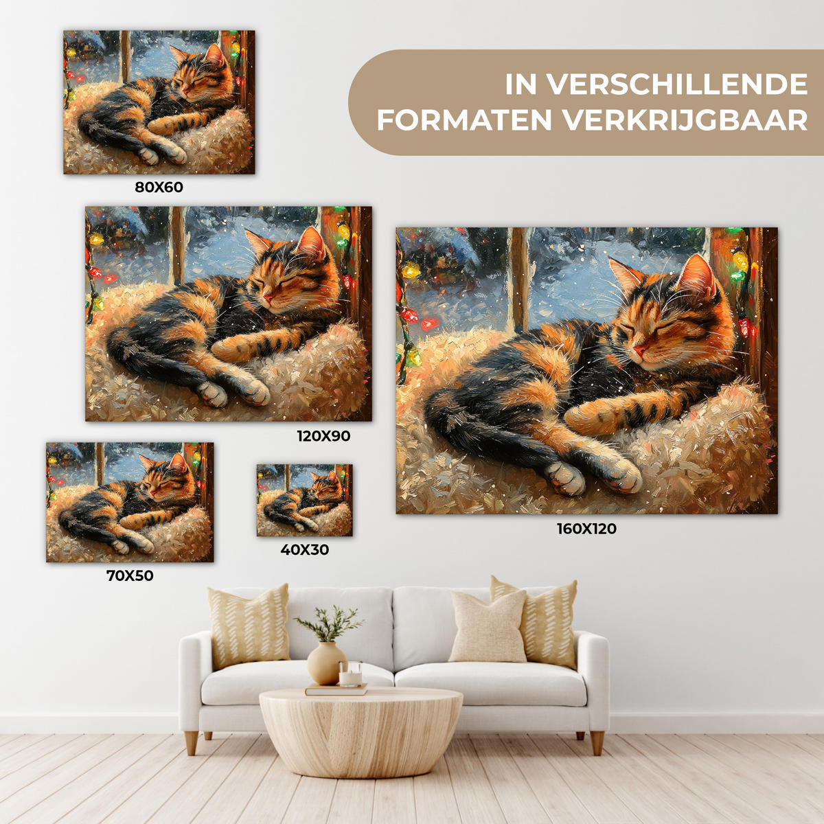 LEINWANDBILD Katze - Weihnachten - Winter - Tier Wandbilder 80x60 cm - Bernsteinfarben, Textil (80/60cm) - MuchoWow
