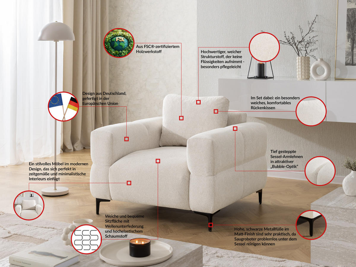 SITZGARNITUR 2+1 Cardea in Bubble-Optik aus weichem Creme Strukturstoff mit hohem Sitzkomfort - Creme/Schwarz, Holz/Textil (154/80/97cm) - S-Style Möbel