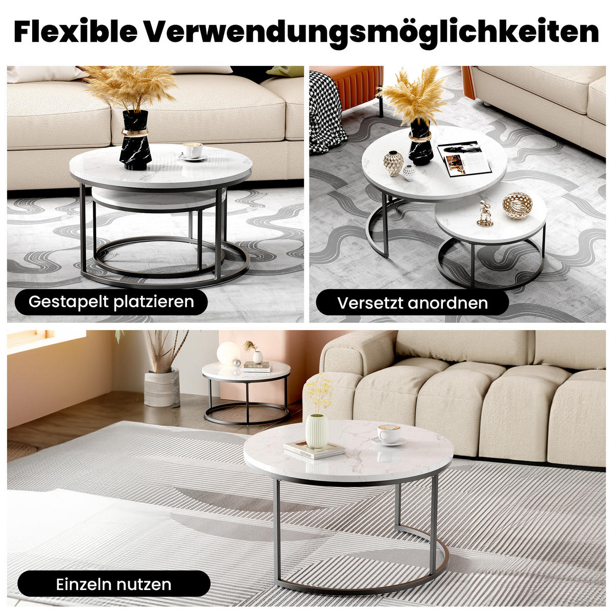 COUCHTISCH-SET mit Marmoreffekt und Metallrahmen Basis, Stapelbarer Beistelltisch Set 80/80/45 cm + 60/60/33,5 cm, Weiß und Schwarz - Weiß, Holzwerkstoff (80/80/45cm) - Redom