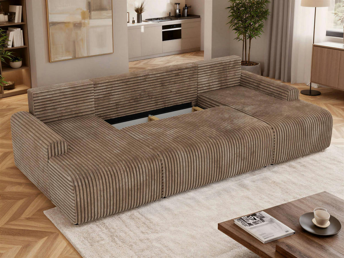 WOHNLANDSCHAFT NESSARO U Braun Cord - Schwarz/Braun, Kunststoff/Textil (312/92/151cm) - MKS