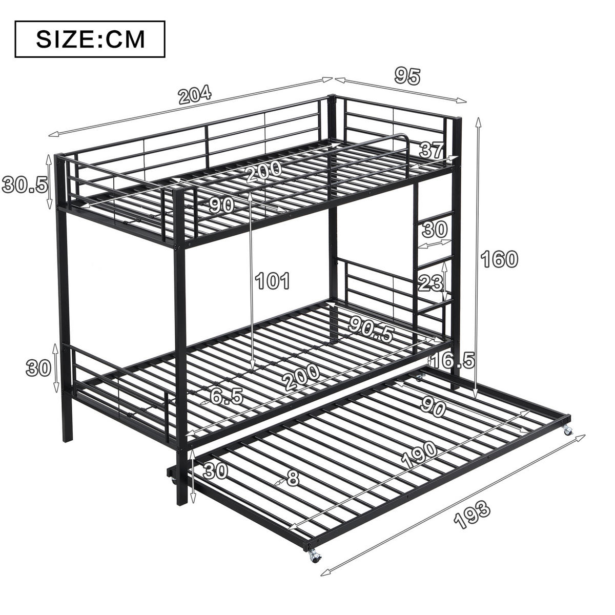 ETAGENBETT 90/200 cm und 90/190 cm schwarz aus Metall mit Ausziehbett - Schwarz, Metall (90/190cm) - OKWISH