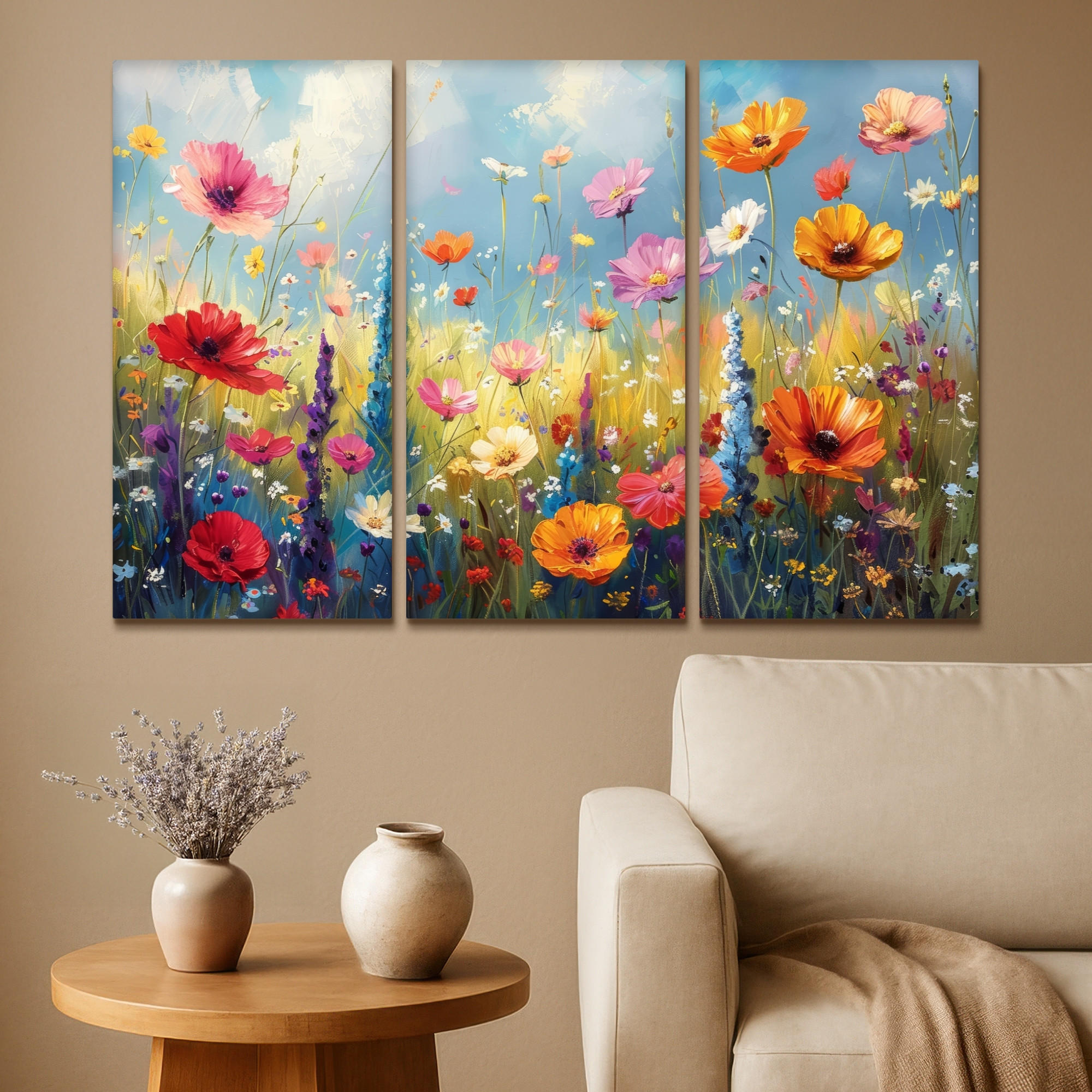LEINWANDBILD 3er Set Blumen - Frühling - Farbenfroh - Sommerlich 120x80 cm - Orange, Textil (120/80cm) - MuchoWow
