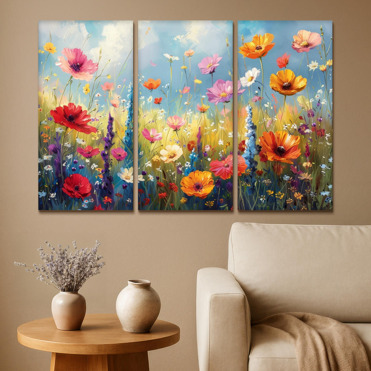 LEINWANDBILD 3er Set Blumen - Frühling - Farbenfroh - Sommerlich 120x80 cm - Orange, Textil (120/80cm) - MuchoWow