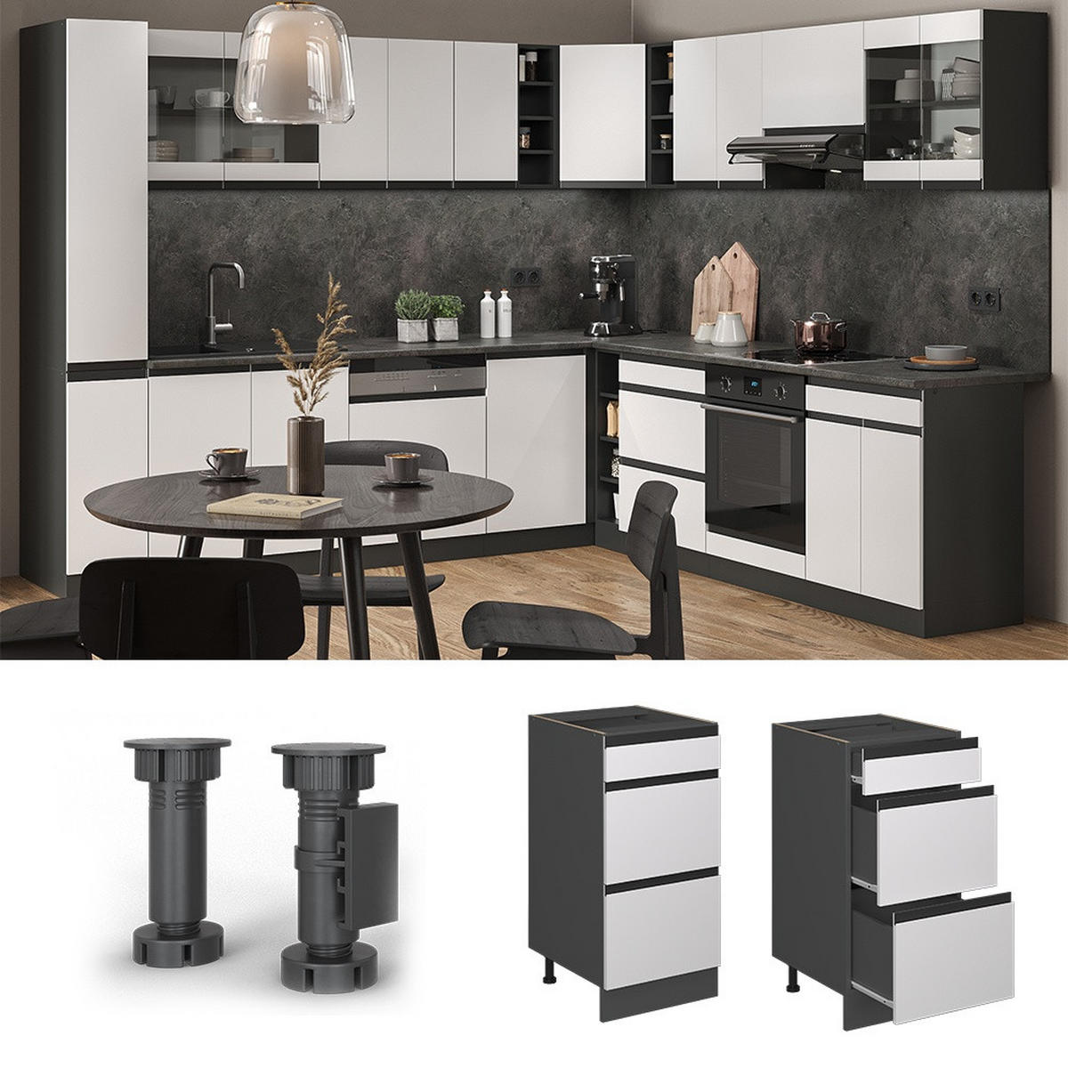 KÜCHENUNTERSCHRANK R-Line Weiß 40 cm J-Shape mit Schubladen, AP Eiche - Anthrazit/Weiß, Holzwerkstoff (40/81.6/60cm) - Vicco