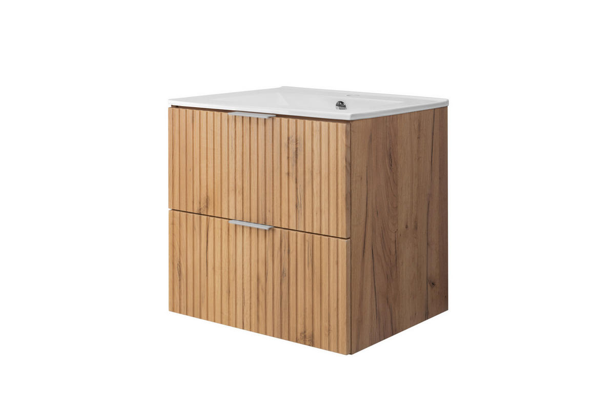 WASCHBECKUNTERSCHRANK, Eiche Craft, 60 x 57 x 46 cm, silberner Griff, ohne Arbeitsplatte - Eichefarben/Silberfarben, Holzwerkstoff (60/57/46cm) - 3XE LIVING