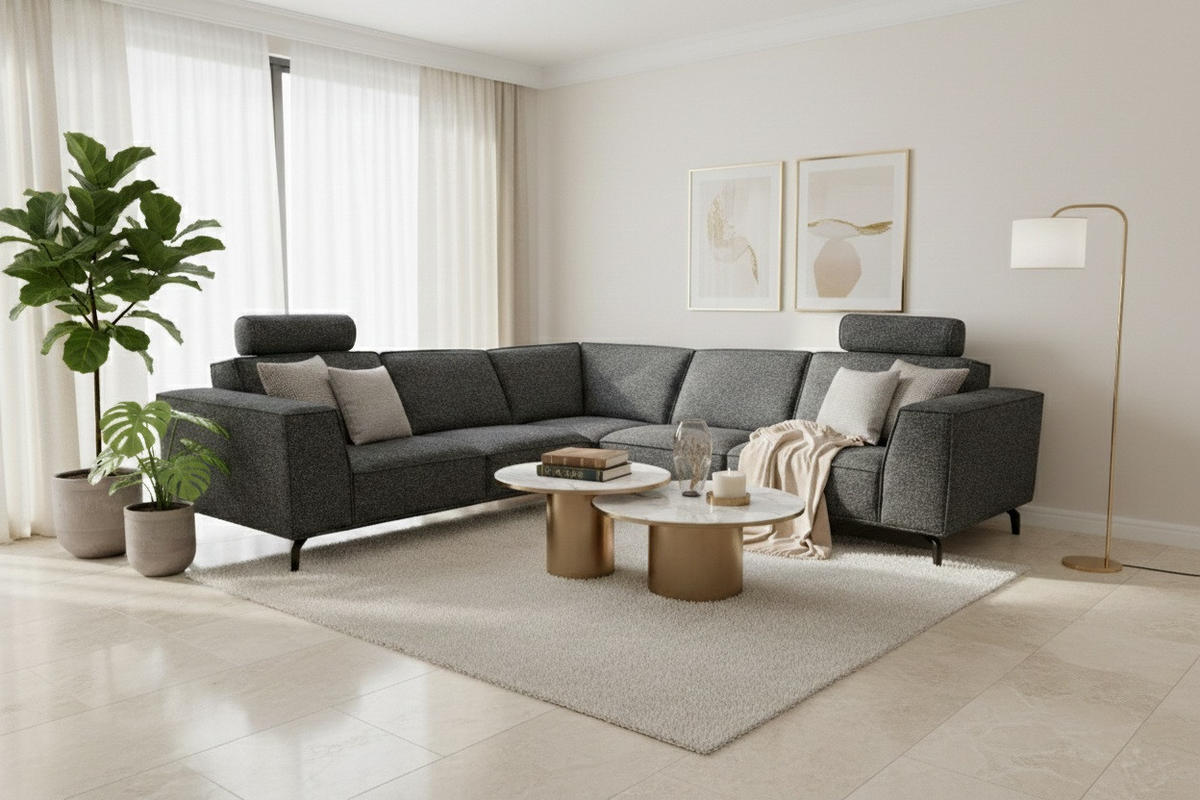 MODULARES Ecksofa Selena - Dunkelgrau, Verstellbare Kopfstützen und Metall Füßen - Dunkelgrau/Schwarz, Kunststoff/Textil (260/260cm) - KS Home Concept