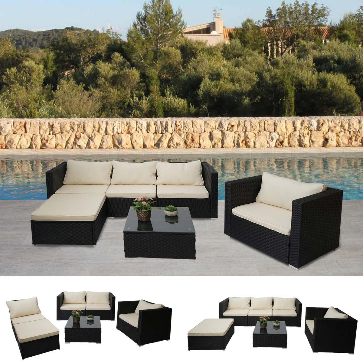 POLY-RATTAN-GARNITUR Schwarz, Cremeweiß - Schwarz/Weiß, Kunststoff - MCW