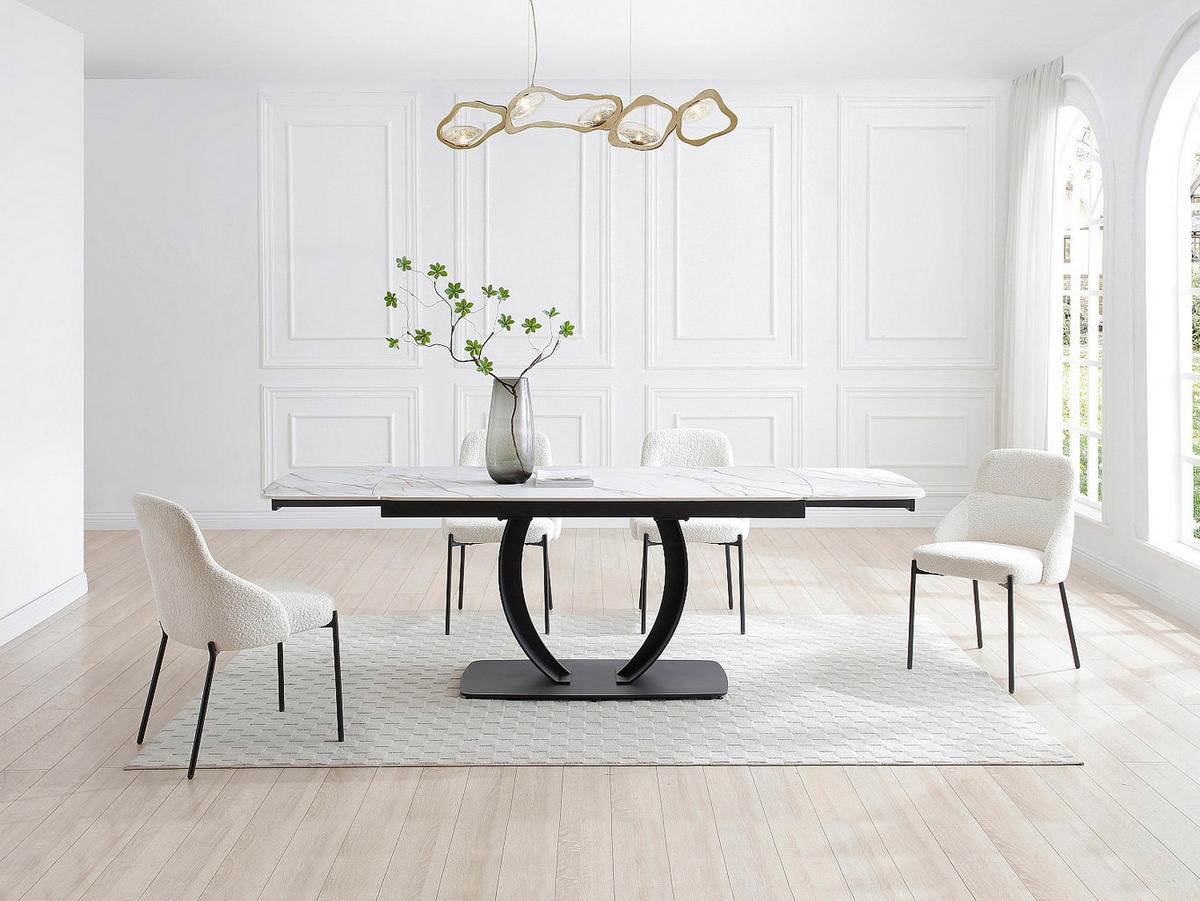 ESSTISCH ausziehbar - 6 bis 10 Personen - Keramik & schwarzes Metall - Marmor-Optik Weiß - OLIFIA - Schwarz/Weiß, Keramik (240/90/76cm) - Vente-Unique