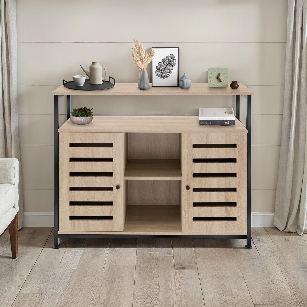 SIDEBOARD Warrington,mit höhenverstellbaren Kunststofffüßen, 100 x 37 x 82 cm,Industrial Holz hell, Eiche Sonoma - Naturfarben, Holzwerkstoff (37/82/100cm) - tectake